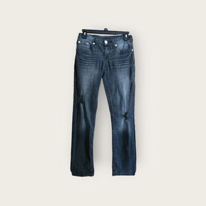 True Religion World Tour Section Straight Seat Black Distressed Jr. Jeans Sz 14